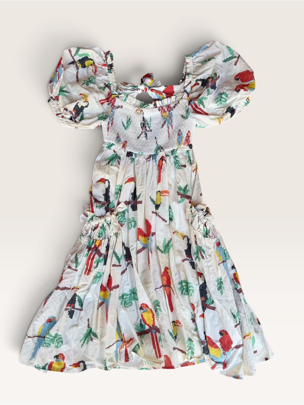 FARM Rio White Parrot Print Puff Sleeve Dress